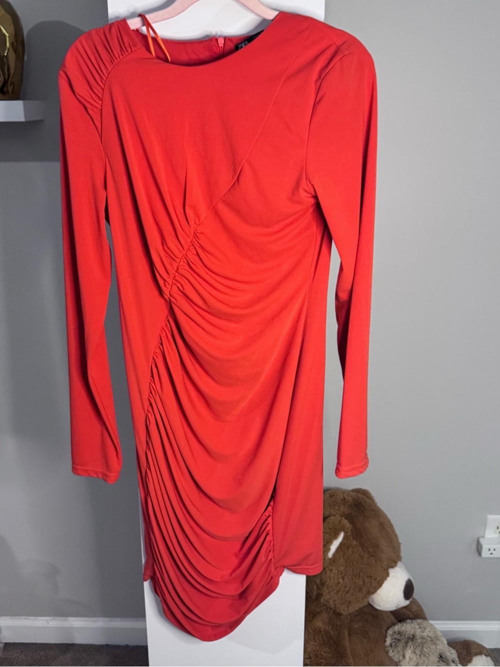 Zara NWT Red Orange Ruched Mini Dress Medium Long Sleeve Bodycon Draped Party - Picture 7 of 9